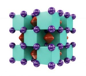 De kristalstructuur van Na2He. De paarse bollen zijn natriumatomen. Deze zitten 'in' heliumatomen (de groene kubussen). In de rode stukken zitten elektronenparen. Beeld: Artem R. Oganov