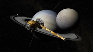 De sonde Cassini boven Enceladus en Saturnus. Afbeelding: Kevin Gill 