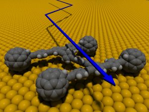 De nano-auto’s komen eraan. Onderzoekers voorzien een toekomst waarin de moleculaire wagentjes voor allerlei toepassingen inzetbaar zijn. Beeld: Rice University